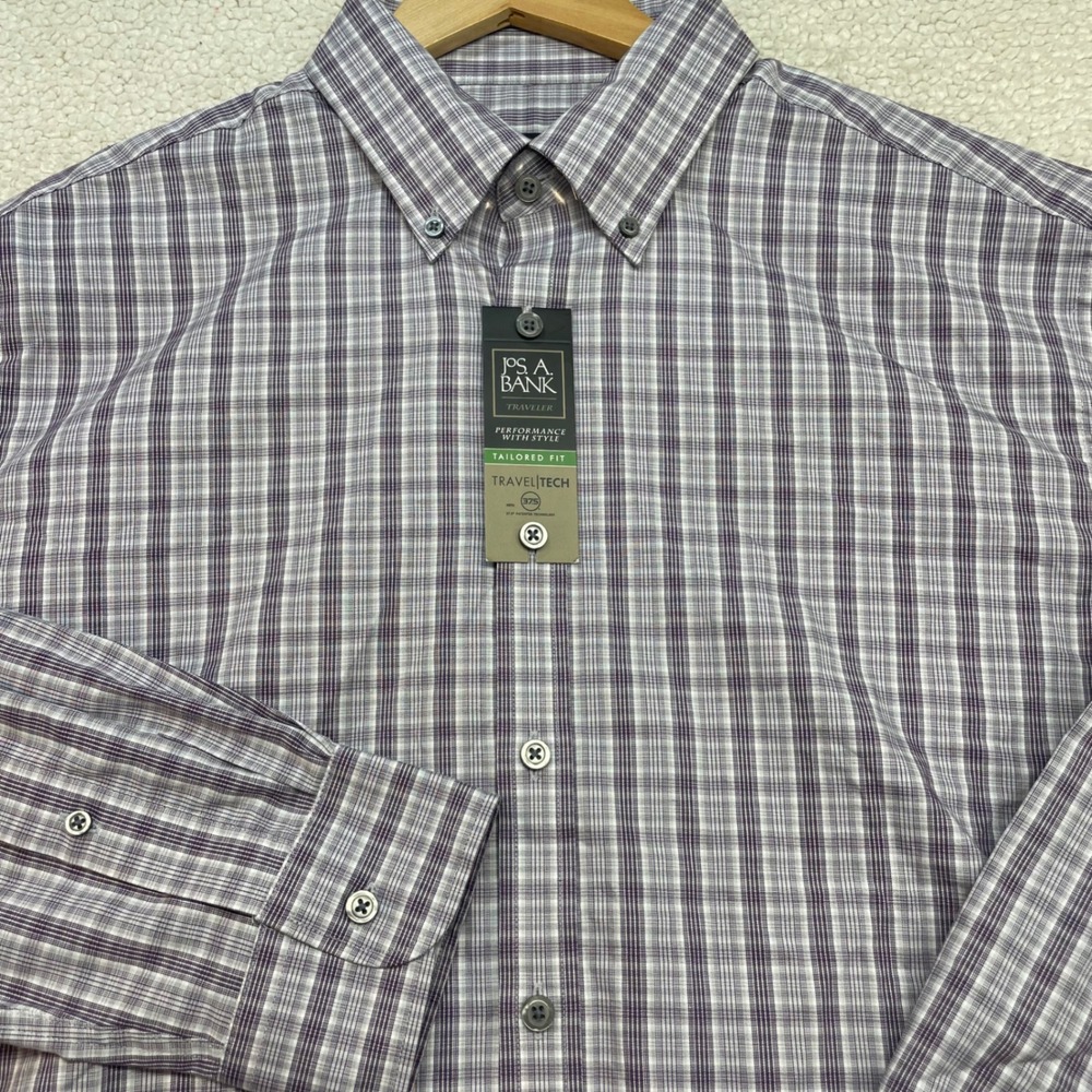 Jos. A. Bank Shirt Mens L Purple Plaid Traveler Travel Tech Tailored Fit Long Sl